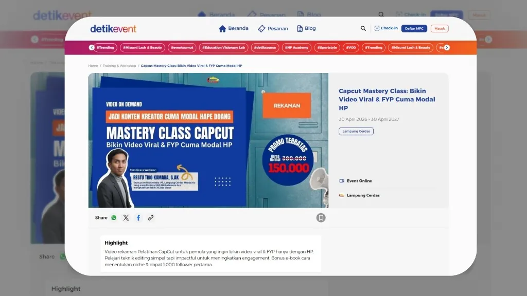 The CapCut Mastery Class listing on DetikEvent