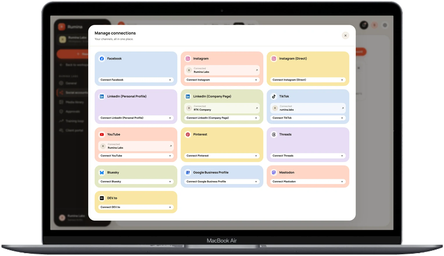Connecting a platform in Rumina: Facebook, Instagram, LinkedIn, TikTok, YouTube, Pinterest, Bluesky, Mastodon, and DEV.to