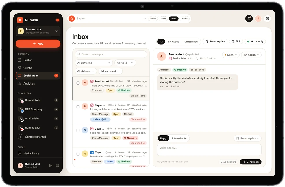 Rumina Social Inbox on Tablet